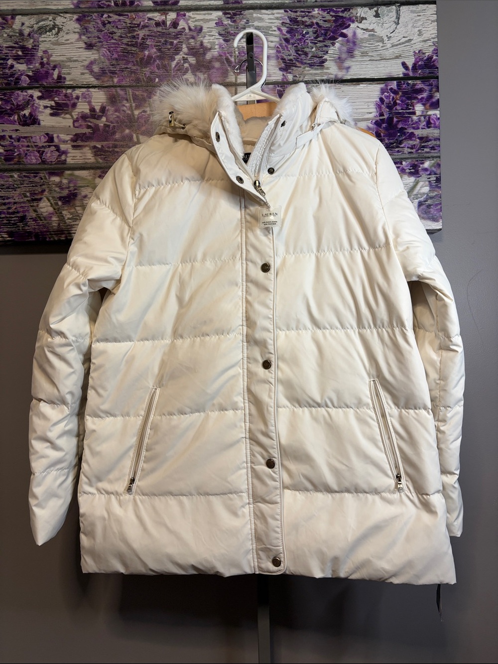 Lauren Ralph Lauren Cream White Quilted Puffer Coat with Faux Fur Hood NWT
